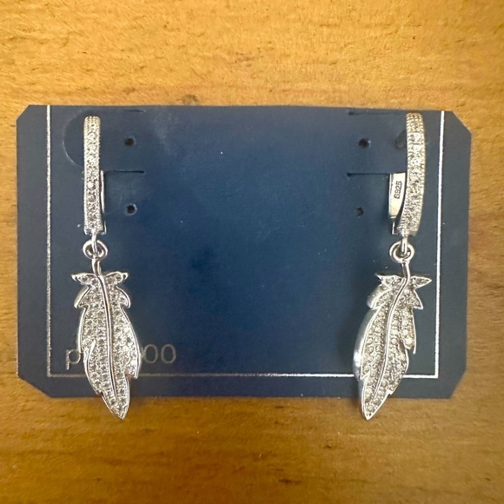 925 Silver with Faux Diamonds Feather Dangle Drop Earrings